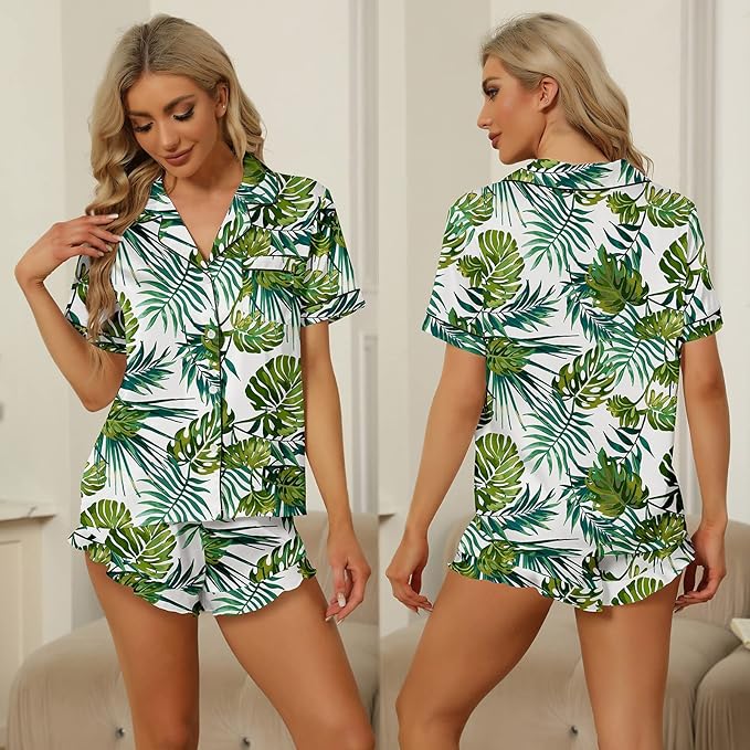 SAPJON Satin Silk Pajamas for Women 2Pcs Ruffle Notch Collar Sleepwear Button Down Short Sleeve Shorts Pjs Set Loungewear