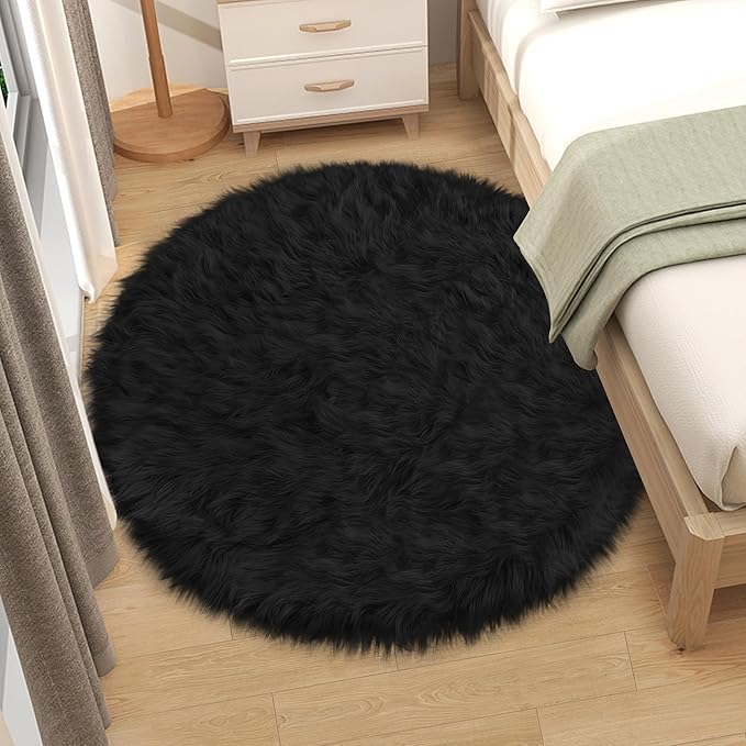 Faux Fur Black Round Rug 4ft for Bedroom, Black Fur Circle Rug Furry Shag Carpet for Living Room Kids Room Teen's Room, Plush Shaggy Circular Rug for Nursery Room Dorm