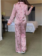 WDIRARA Women's 2 Piece Bowknot Print Satin Pajama Set Long Sleeve Button Down Lounge Pants Sleepwear Sets