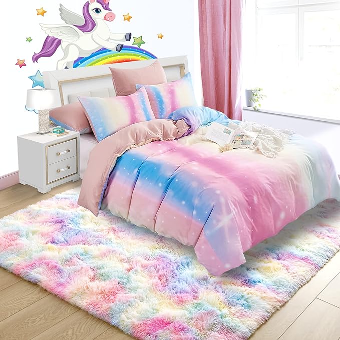 Noahas 5x8 Fluffy Rainbow Rug for Girls Bedroom,Kids Room Rug,Shaggy Area Rugs for Living Room,Fuzzy Colorful Playroom Nursery Rugs Room Decor