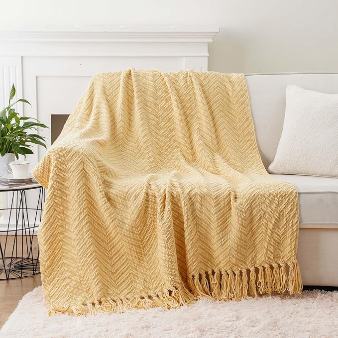 BATTILO HOME Gold Throw Blanket for Couch, Knit Yellow Throw Versatile for Chair, Super Soft Warm Mustard Throw Blanket with Tassels for Twin Bed, Sofa and Living Room, 60"x80"