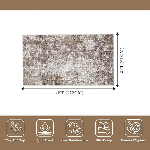 2x4 Washable Non-Slip Runner Rug – Small Throw Rug for Kitchen Floor, Bedroom, Entryway, Bathroom, Bedside – Modern Abstract Neutral Low-Pile Thin Indoor Door Mat (Brown Beige,2x4)
