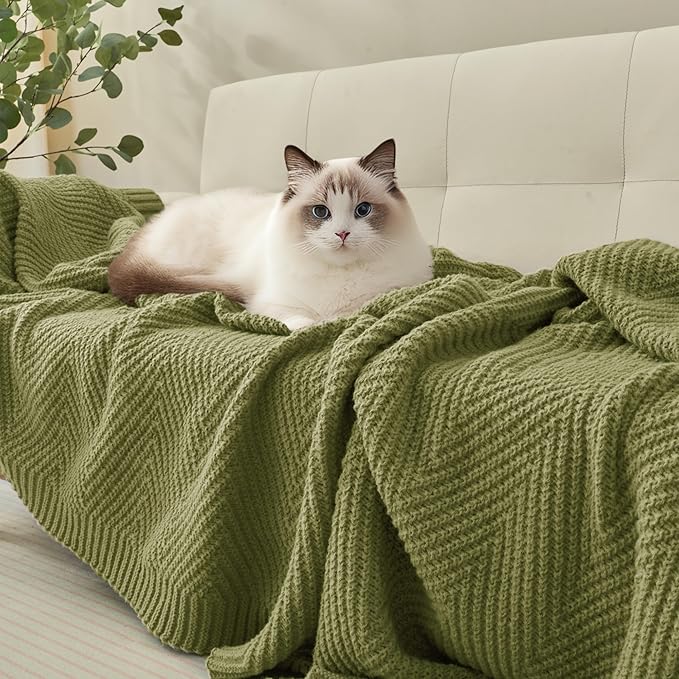 Knitted Throw Blanket 60"X80", Olive Green Knit Throws for Bed, Super Soft Boho Chevron Blankets for Couch Sofa Chair Room Decor, Textured Decorative Farmhouse Cozy Lightweight