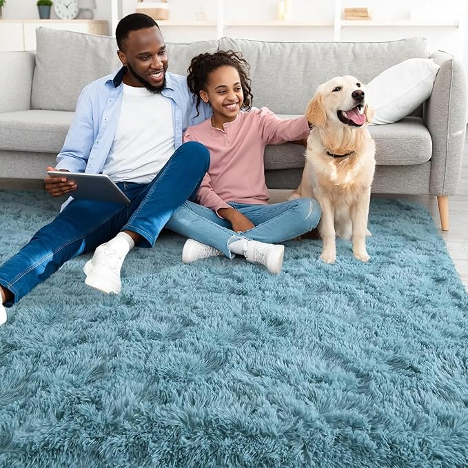 YJ.GWL Area Rugs for Living Room Bedroom, 8x10 Machine Washable Large Teal Carpet, Soft Fluffy Shaggy Thick Big Shag Indoor Floor Rug for Kids Boy and Girls Room Dorm Home Decor Aesthetic