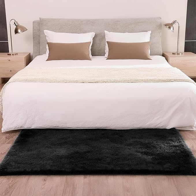 Shag 3x5 Area Rug, Black Rug for Bedroom Living Room, Non-Slip Ultra Soft Plush Fluffy Shaggy Fuzzy Rugs for Pet, Kids Room, Dorm, Bedside, Office, Entryway, Playroom, Bathroom, Modern Carpet