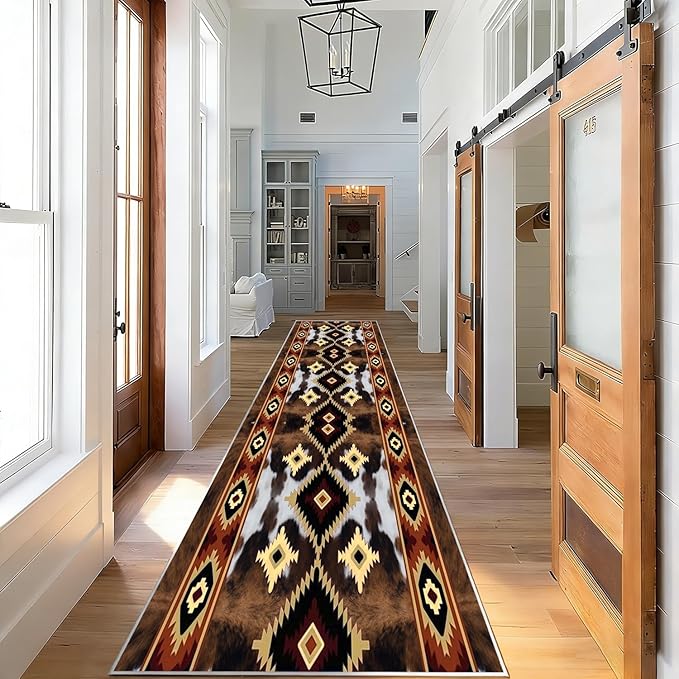 Rustic Brown Runner Cowhide Rugs,4x10ft,Western Aztec Decor Kitchen Runners,Southwestern Decor Native American Tribal Hallway Runner Rug,for Bedside Bedroom Entrance Farm Cow Print Carpet