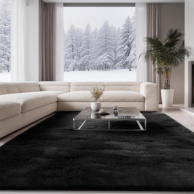 Ultra Soft Shag 8x10 Black Area Rug – 8x10 Rugs for Living Room, Non-Slip, Fluffy Plush Large Carpet, Shaggy Furry Rug for Bedroom, Dorm, Kids and Girls Room, Nursery, Home Office Décor