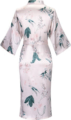 Valennia Women Long Silky Bathrobe Satin Kimono Robe Floral Printed Dressing Gown Sleepwear