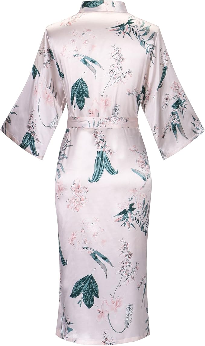 Valennia Women Long Silky Bathrobe Satin Kimono Robe Floral Printed Dressing Gown Sleepwear
