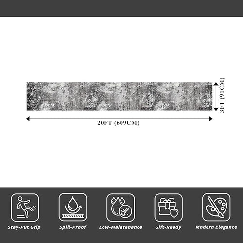 3x20 ft Extra Long Hallway Runner Rug - Non-Slip Washable Floor Runner with Rubber Backing, Modern Low Pile Thin Wide Carpet for Entryway, Kitchen, Living Room (Black Grey, 3x20)