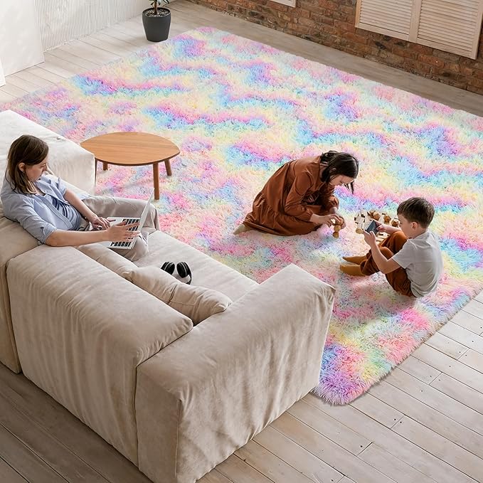 Softlife Area Rug for Living Room, Fluffy Shag Plush 5x8 Rainbow Rugs for Bedroom Girls Kids, Shaggy Soft Fuzzy Tie Dyed Large Carpet for Dorm Bedside Ultra Cozy Non-Slip Indoor Decor