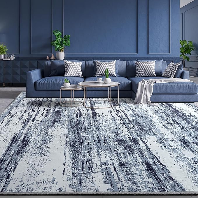 Area Rug 6x9 Washable Rugs Modern Abstract Area Rug Soft Non-Slip Non-Shedding Faux Wool Stain Resistant Floor Carpets for Living Room Bedroom Dining Room Kids Room Home Office (Blue)
