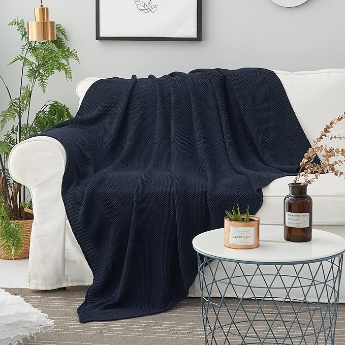 Longhui bedding Dark Navy Blue Cotton Cable Knit Throw Blanket for Couch Sofa Bed, Lightweight Home Decorative Throws, Bonus Laundering Bag, 50“ x 60” Machine Washable