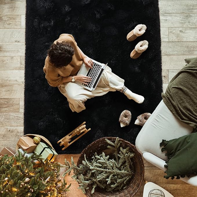 Softlife Black Area Rug for Bedroom, Fluffy Shag Plush Rugs for Living Room Girls, Shaggy Throw Soft Fuzzy Small Kids Carpet for Dorm Bedside Ultra Cozy Non-Slip Indoor Decor, 4x5.3 Feet