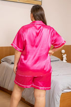 Vozanet Women's Short Sleeve Satin Pajama Sets Silky Ladies Button Down Loungewear Plus Size Nighty Shorts Sets XL to 5XL