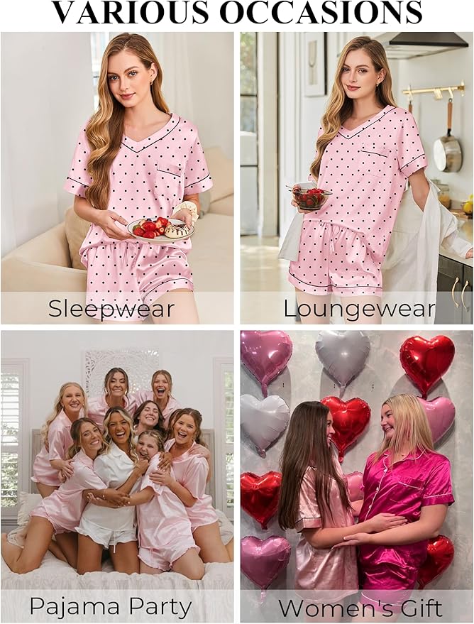 Silk Pajamas for Women Short Sleeve Satin 2 Piece Pj Set Soft V Neck Sleepwear Loungewear, S-XXL