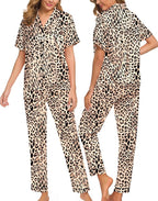 SWOMOG Women Satin Pajamas Set Short Sleeve Top & Pants Sleepwear Silky Button Down Nightwear 2pcs Loungewear Pjs Set