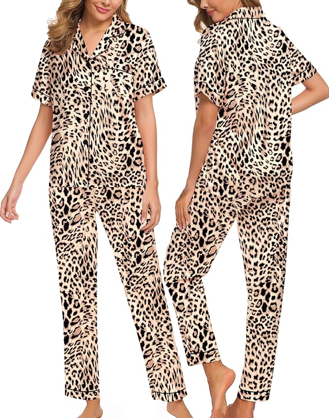 SWOMOG Women Satin Pajamas Set Short Sleeve Top & Pants Sleepwear Silky Button Down Nightwear 2pcs Loungewear Pjs Set