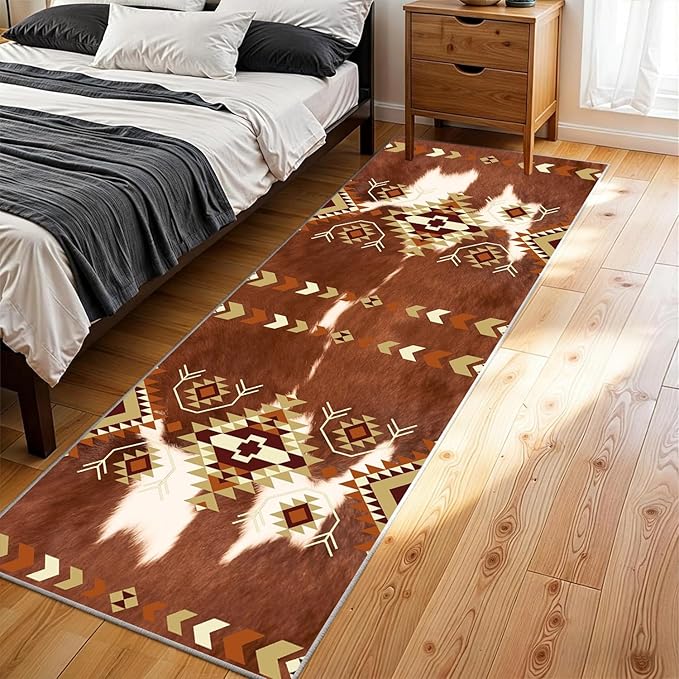 Cowhide Rugs for Kitchen,3x8ft,Cow Print Runner Rug for Hallway,Southwestern Decor Tribal Rug,Aztec Decor Western Rugs,Soft, Non-Slip, and Machine Washable Rustic Farmhouse Runner Carpet