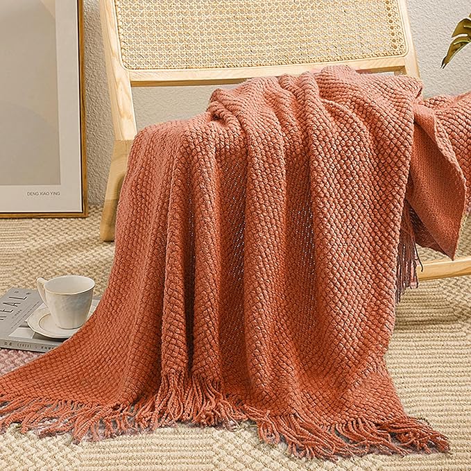 LOMAO Knitted Throw Blanket with Tassels Bubble Textured Lightweight Throws for Couch Cover Home Decor (Orange, 50x60)