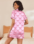 Ekouaer Womens Silk Satin Pajama Sets Soft Short Sleeve Button Down Sleepwear Top and Shorts 2 Piece Pjs Lounge Set