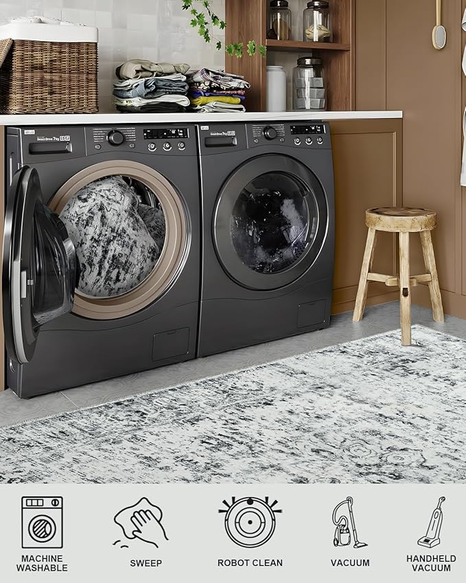 CRYPTOLITE Washable Area Rugs 5x7 Vintage Rug Non Slip Low Pile Faux Wool Soft Carpet for Living Room Bedroom Dining Room Farmhouse Bathroom Kids Playroom Grey