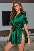 Avidlove Women Lingerie Robe Satin Sleepwear Eyelash Lace Kimono Side Split Sexy Silk Robes