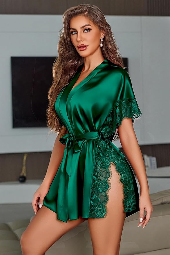Avidlove Women Lingerie Robe Satin Sleepwear Eyelash Lace Kimono Side Split Sexy Silk Robes