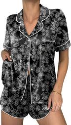Ekouaer Womens Silk Satin Pajama Sets 2 Piece Button Down Silk Pjs Shorts Sets Cute Print Short Sleeve Sleepwear S-4XL