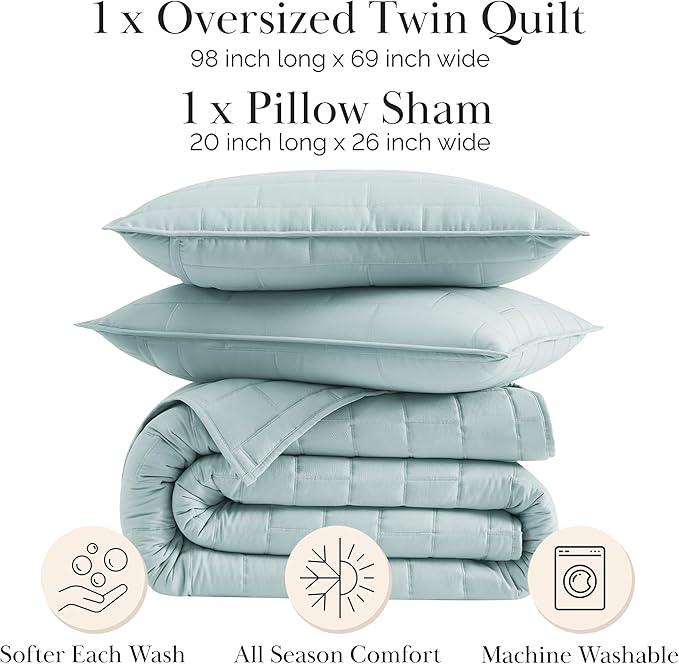 Southshore Fine Living, Inc. Oversized Bedding Quilt Twin XL Coverlet with Matching Quilted Pillow Sham, Brick Pattern Stitching, All Season Quilted Coverlet, Lightweight Twin Size Bedspread, Sky Blue