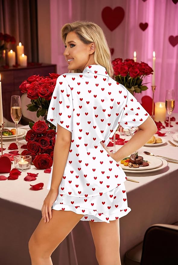 HOTOUCH Womens Satin Pajamas Set Button Down 2 Piece Silk Pjs Shorts Set Ruffle Lingerie Notch Collar Sleepwear