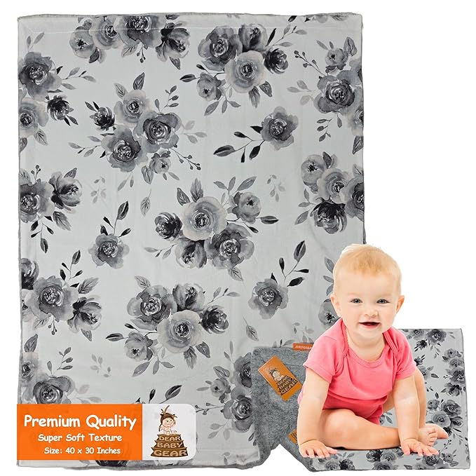 Dear Baby Gear - Soft Reversible Baby Blankets, Newborn Essentials, Baby Blanket for Boys & Girls, Toddler Blankets, Monochrome Gray Floral