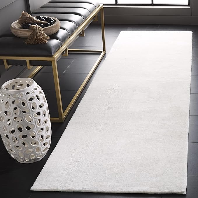 SAFAVIEH Washable Rug Faux Rabbit Fur Shag Collection - 2'3" x 10' Runner, Ivory, Slip Resistant & Easy Cleaning, Ideal for Living Room, Hallway, Foyer, Nursery, Bedroom (FRF100A)