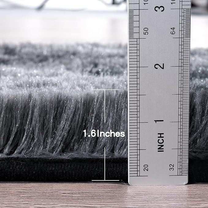 KING DARE Shag Runner Rug 2x6, Soft Fluffy Bedroom Runner Rug Bedside, Non-Slip Washable Plush Fuzzy Carpet for Dorm Girls Boys Kids Room Indoor Decor, Black and Dark Gray