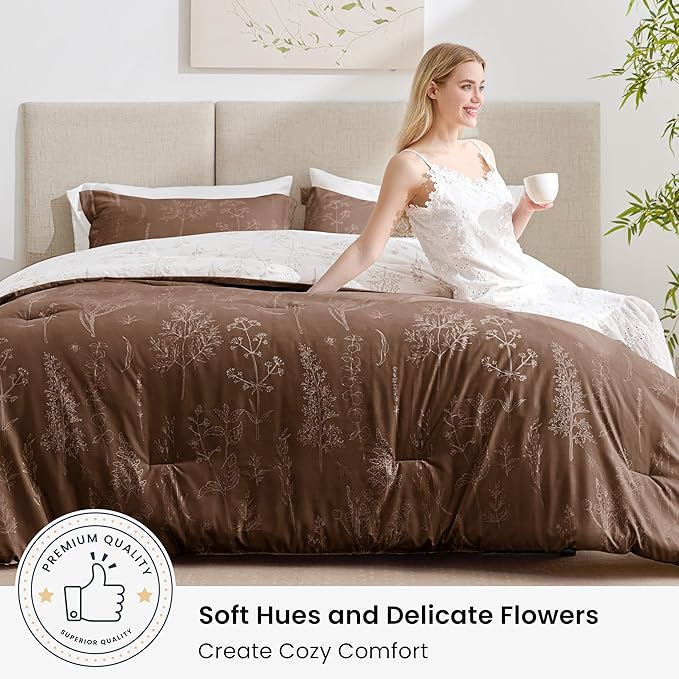 Love's cabin Chocolate Comforter Set Queen - Queen Size Comforter Set, 3 Pieces Cute Floral Bedding Sets for All Seasons,1 Soft Reversible Botanical Flowers Comforter and 2 Pillow Shams