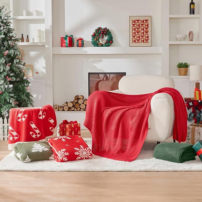 Douceur Christmas Red Throw Blanket for Bed, Soft Chunky Cable Knit Throw Blanket, Classic Fisherman's Rib Stitch Pattern Throw for Living Room,50"X60"