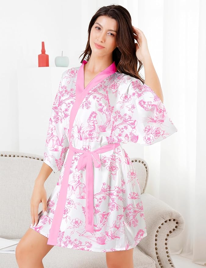 EPLAZA Silk Robes for Women Satin Robe Short Sexy Print Flower Kimono Loungewear Wedding Bridal Party