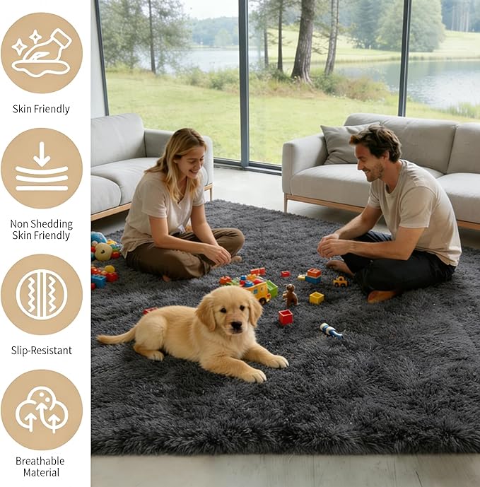 9x12 Area Rug Fluffy Shaggy Ultra Soft Faux Fur Non-Slip Machine Washable Carpet for Bedroom, Living Room, Nursery & Dorm Cozy Home Decor