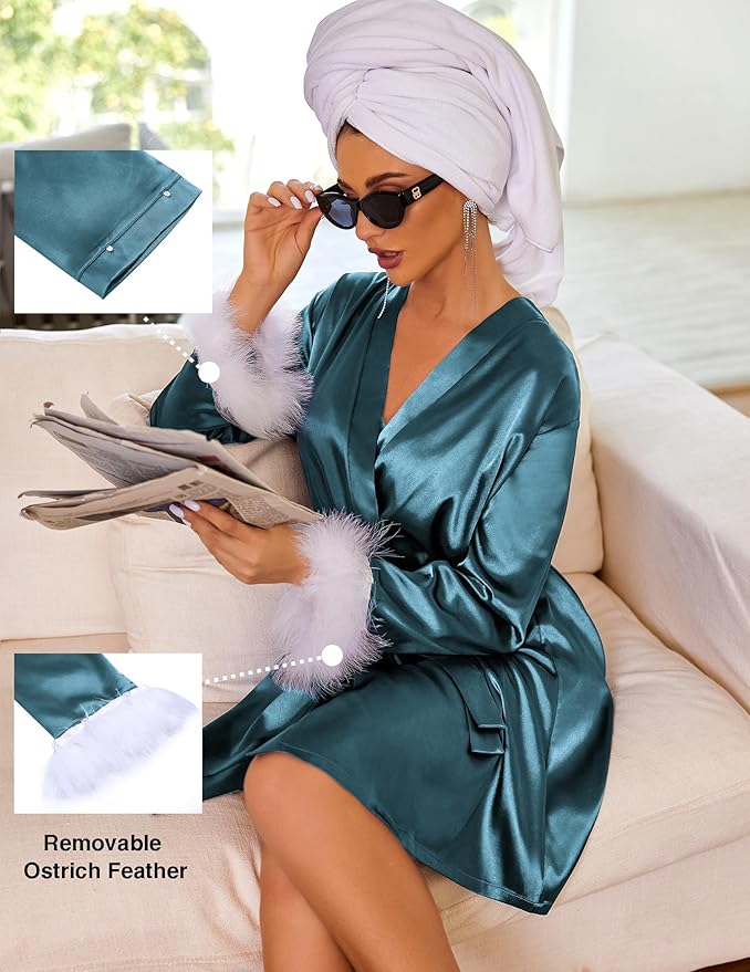 Ekouaer Women's Satin Robe Short Bridesmaid Bride Feather Bridal Robe Kimono Silky Long Sleeve Bathrobe S-XXL