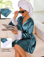 Ekouaer Women's Satin Robe Short Bridesmaid Bride Feather Bridal Robe Kimono Silky Long Sleeve Bathrobe S-XXL