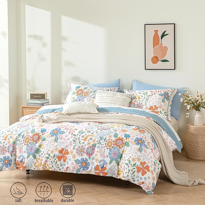 ALEISSEL Blue Floral Cotton Comforter Queen Size - Vibrant Artistic Blooms & Boho Geometric Patterns, White & Soft Blue, 3PC Lightweight Bedding Sets with Down Alternative Fill(90"×90")