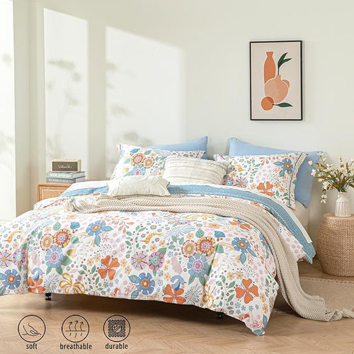 ALEISSEL Blue Floral Cotton Comforter Queen Size - Vibrant Artistic Blooms & Boho Geometric Patterns, White & Soft Blue, 3PC Lightweight Bedding Sets with Down Alternative Fill(90"×90")