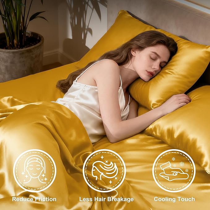 Love's cabin Twin XL Satin Sheet Sets - 3 Piece Gold Silky Bed Sheets with Deep Pockets, Luxury Silk Feel Satin Sheet Set Twin XL (1 Flat Sheet,1 Fitted Sheet,1 Pillow case)