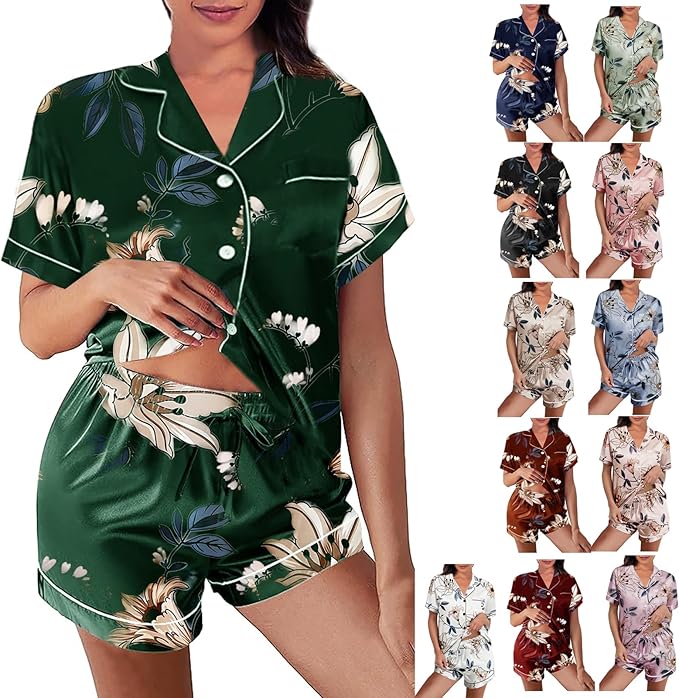 WJing Yi Jia Womens Silk Satin Pajamas Loungewear Two-Piece Sleepwear Button-Down Floral Pj Set XS-4XL