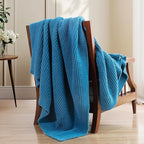 Waffle Knit Twin Blanket, Luxury Cozy Chunky Knit Twin Blanket for Couch, 60 x 80 Inch Thick Ultra-Soft Feather Yarn Knitted Blankets for Sofa, Bed, Home Decor - Blue
