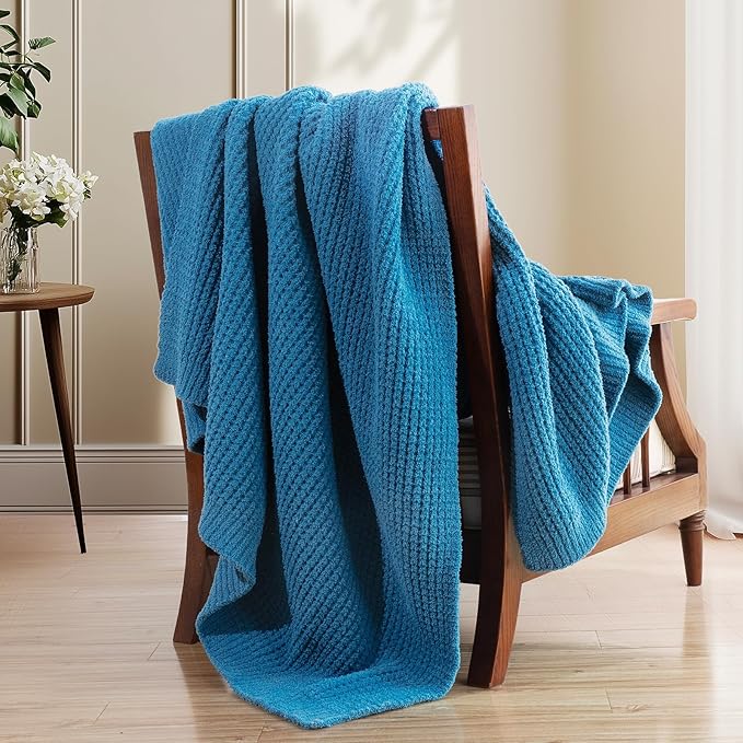 Waffle Knit Twin Blanket, Luxury Cozy Chunky Knit Twin Blanket for Couch, 60 x 80 Inch Thick Ultra-Soft Feather Yarn Knitted Blankets for Sofa, Bed, Home Decor - Blue