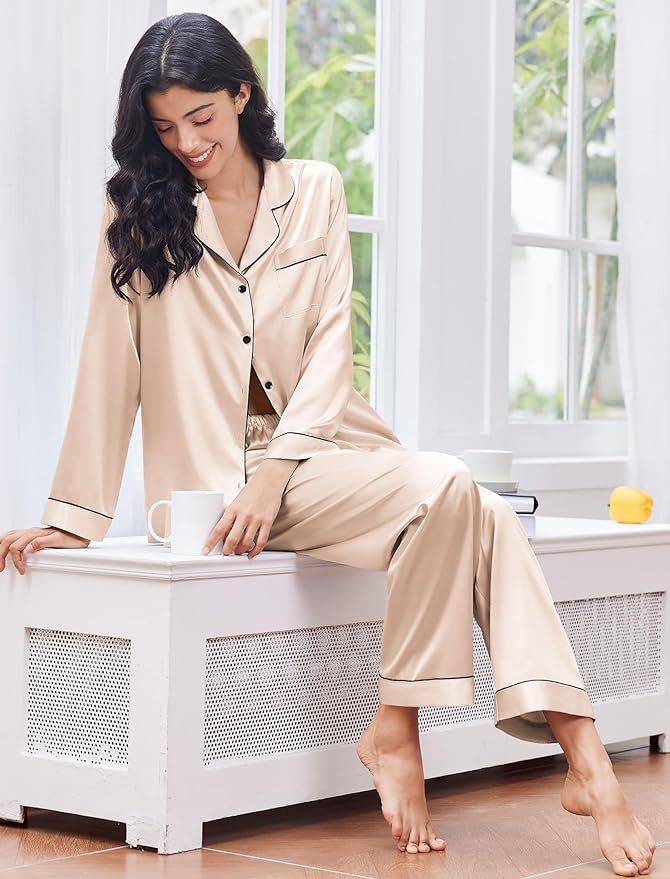 Ekouaer Women's Classic Button Down Long Satin Silk Pajama Set