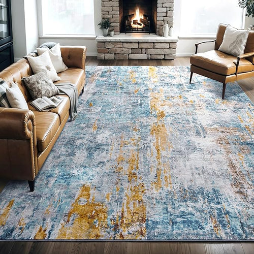 Area Rug 5x7 Washable Rugs Modern Abstract Area Rug Soft Non-Slip Non-Shedding Faux Wool Stain Resistant Floor Carpets for Living Room Bedroom Dining Room Kids Room Home Office (Teal, Rust)