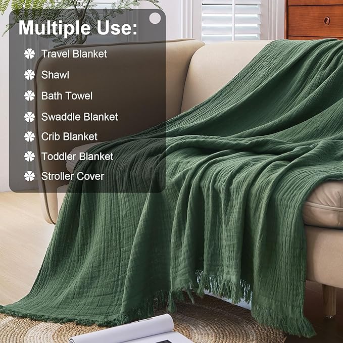 Cotton Muslin Throw Blanket with Tassels, Lightweight Woven Gauze, Pre-Washed Breathable Farmhouse Decor for Bed, Couch, All-Season Use (Olive Green, 50" x 60")