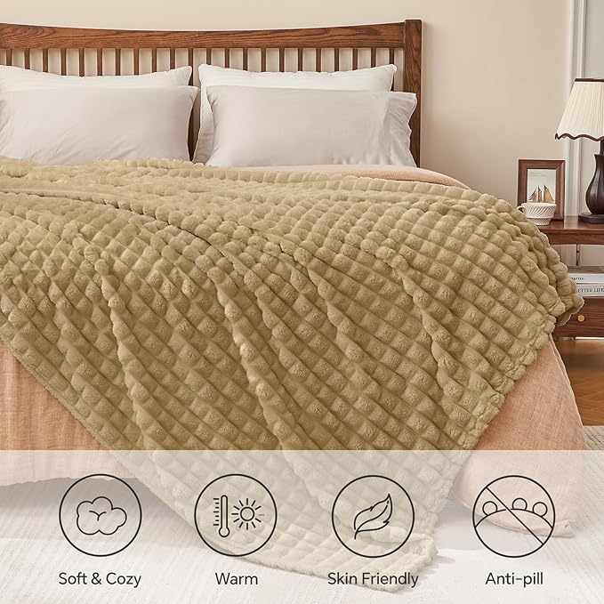 BEDELITE Camel Throw Blanket for Couch and Bed- Super Soft and Warm 3D Checkered Fluffy Fuzzy Fleece Blanket, Luxurious Plush Cozy Blanket for Room Decor Spring, 50x60 inches